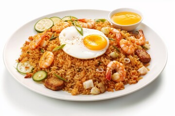 Nasi Goreng with shrimp, chicken, egg, cucumber, and a side of yellow sauce, a traditional Southeast Asian dish. Cultural fusion, Southeast Asia, comfort food, flavor explosion, culinary tradition, 

