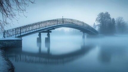 Serene Winter Morning with Fog Over Bridge and Still Water Reflection