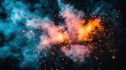 Nighttime explosion, sparks, smoke, blue, orange, dark background, design