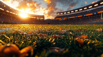 Focusing on an empty football field, the stadium lights are blurred, casting dramatic shadows, while the air is filled with a triumphant feeling, and the moment is captured in intense slow-motion,