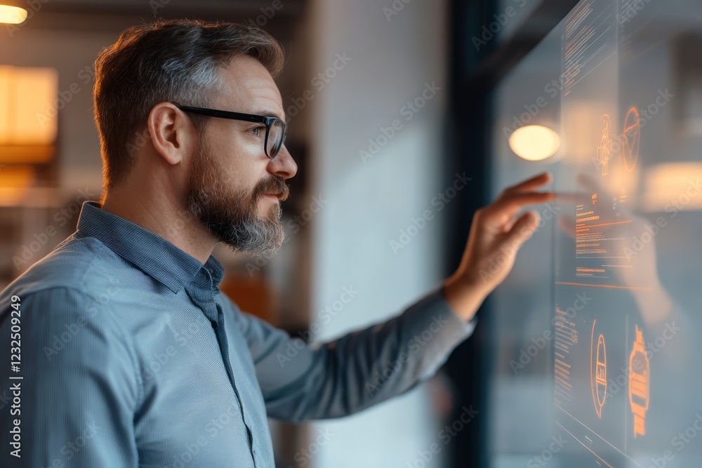 Aufkleber professional man interacting with a digital interface in a modern office setting during daytime