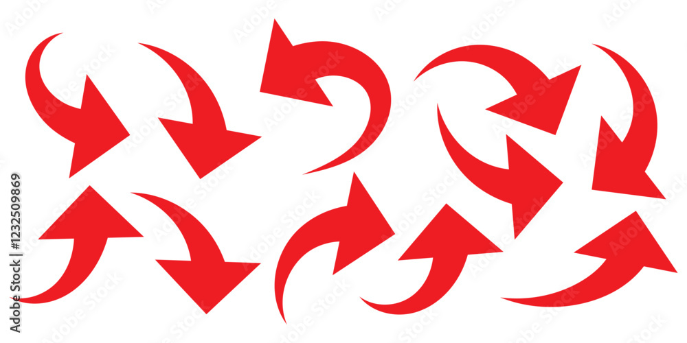 Poster red large forward or left pointing solid long arrow icon sketched as vector symbol