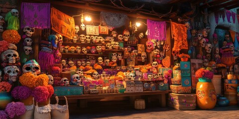 Day of the Dead market stall, vibrant skulls, flowers. Category Culture