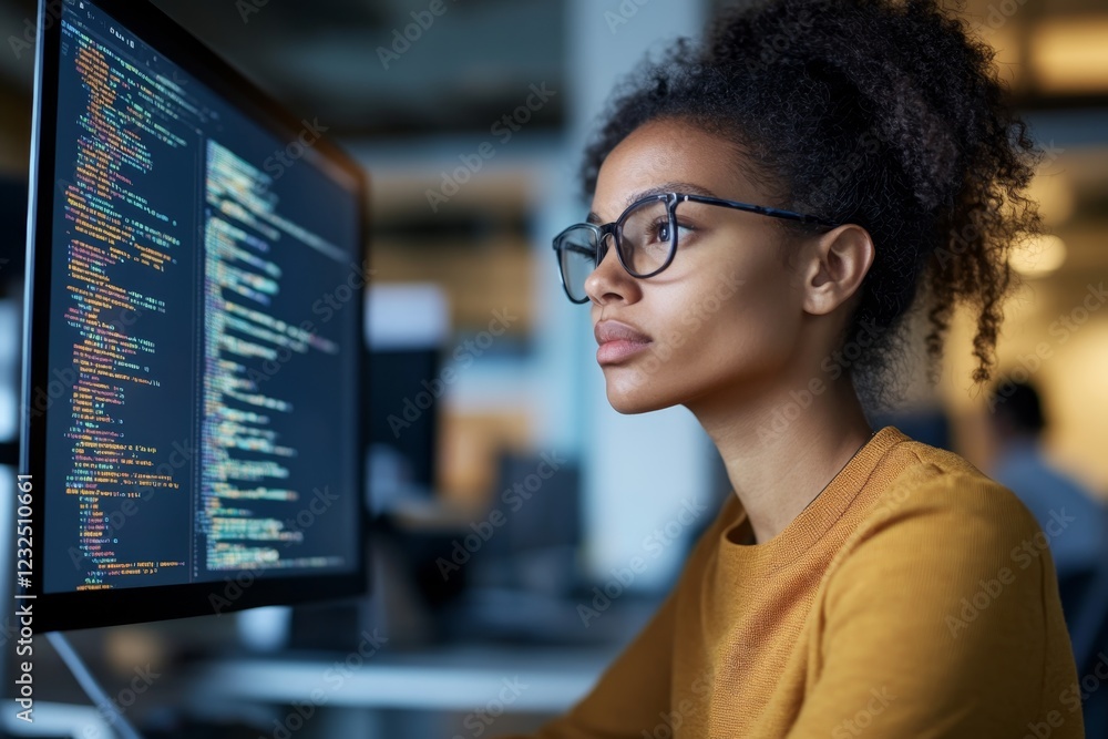 Poster young woman coding at a computer in a modern office environment during the day