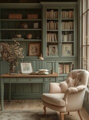 Obraz premium Serene Study: A Peaceful Workspace with Bookshelves and Armchair