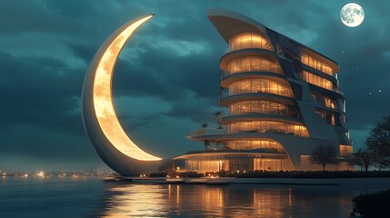 A futuristic building shaped like a crescent moon with glowing interiors
