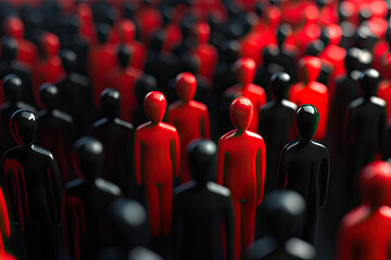 Fototapeta premium Red and black figures symbolizing insider threats within a crowd