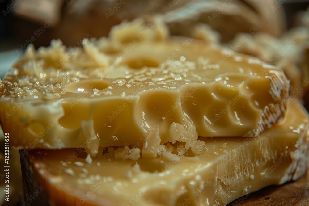 Poster close up of two slices of melting cheese with holes, creating an appealing texture and suggesting a 