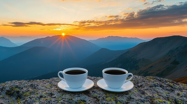 Breathtaking sunrise coffee experience mountaintop scenic view nature serene atmosphere inspirational moment