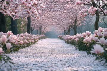 Fototapeta premium A path lined with blooming magnolia trees, their petals carpeting the ground, creating a scene of delicate beauty and seasonal change
