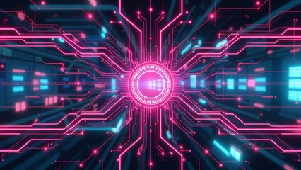 A futuristic cyberpunk interface featuring hot pink and cyan hues, interconnected neon circuits, holographic displays, and flowing data streams.