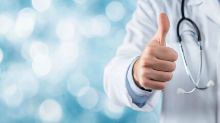 A medical professional gives a thumbs-up, symbolizing approval, positivity, and trust in healthcare.
