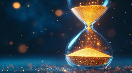 Glowing hourglass with golden sand against dark background with bokeh lights. Earth Hour and time concept. Image for poster, banner and social media. With copy space