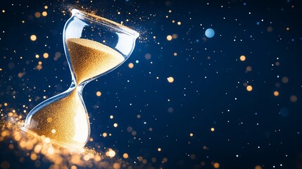 Glowing hourglass with golden sand against dark background with bokeh lights. Earth Hour and time concept. Image for poster, banner and social media. With copy space
