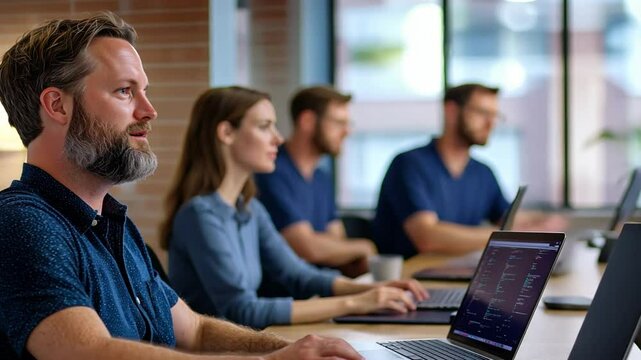 A group of software engineers working together on a collaborative project.