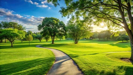 A serene green grass field in a public park with a few trees and a winding path