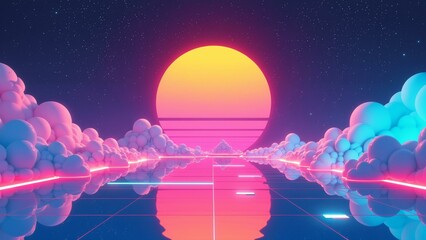 A symmetrical composition featuring vibrant pastel colors, gradients, and neon accents in a retro-futuristic style.