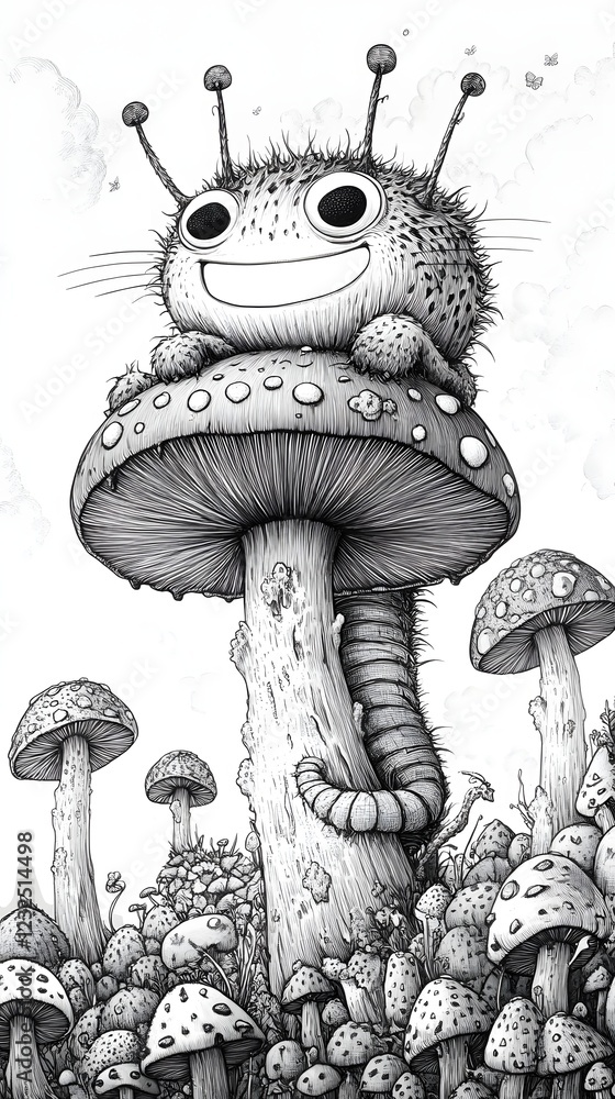 Poster lively blackandwhite drawing of a caterpillar with a funny face on top of a whimsical mushroom using