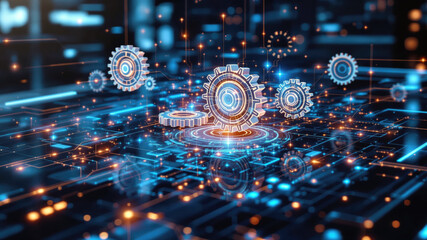 Future-Oriented Digital Technology Illustration with Floating Gear Mechanisms
