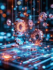 Fototapeta premium Advanced Technology Concept Showing Interconnected Digital Components and Data Streams