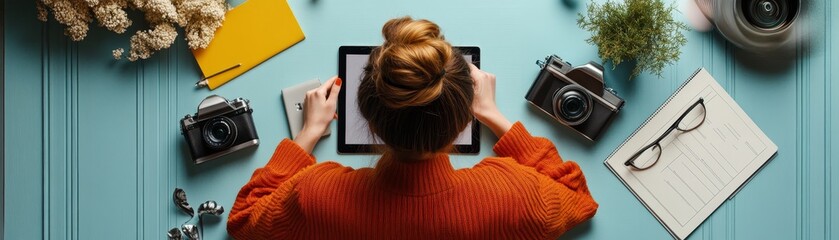 Fototapeta premium Young Woman Working on Tablet Surrounded by Photography Equipment