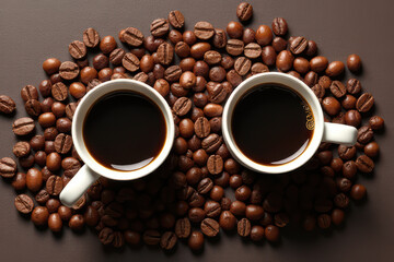 Fototapeta premium Rich coffee cups surrounded by roasted beans create cozy atmosphere
