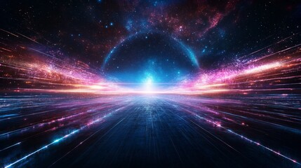 Futuristic cosmic landscape with vibrant colors and dynamic light effects in 4K resolution
