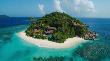 Naklejka premium Aerial footage of a tropical island with turquoise waters, white sandy beaches, and lush palm trees