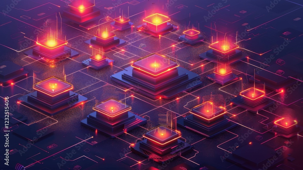 Poster Complex network of glowing nodes and circuitry displays a futuristic technology design. Pulsing energy emanates from numerous points, creating a vibrant visual effect.