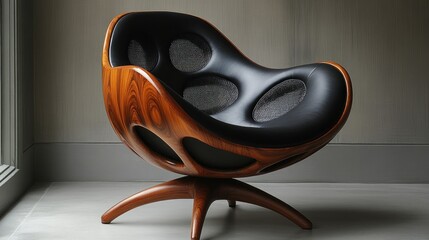 Obraz premium Modern sculpted wooden armchair with black leather upholstery.