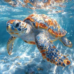 Fototapeta premium Colorful Sea Turtle Swimming Gracefully in Clear Tropical Ocean Water