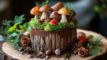 Enchanting mushroom cake on a tree stump.