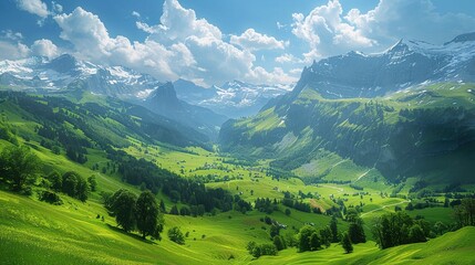 Fototapeta premium The Enchanting Allure of the Lush Green Valleys in the Swiss Alps during Summer