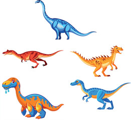Five colorful cartoon dinosaurs roaming on white background