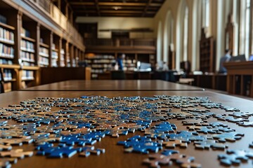 A large jigsaw puzzle is spread out on the table in an empty library, with many wooden pieces
