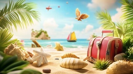 Obraz premium Red Suitcase On Tropical Beach With Seashells