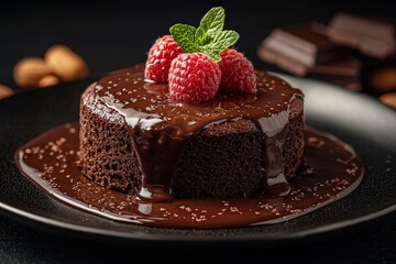 Delicious molten chocolate lava cake with rich chocolate sauce pouring over a dark plate