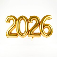 2026 golden foil balloons isolated on white background