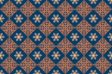 Intricate geometric tile pattern inspired by Moroccan designs, featuring rich navy blue and warm  orange hues. A perfect choice for graphic design, wallpaper, and elegant print projects.