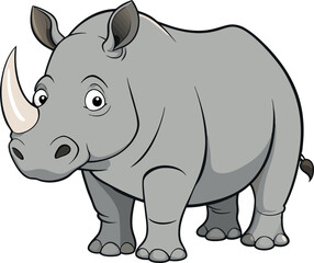 Cartoon rhinoceros standing and looking forward with large horn