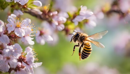 Flying honey bee collecting pollen from tree blossom. Bee in flight over spring background.
