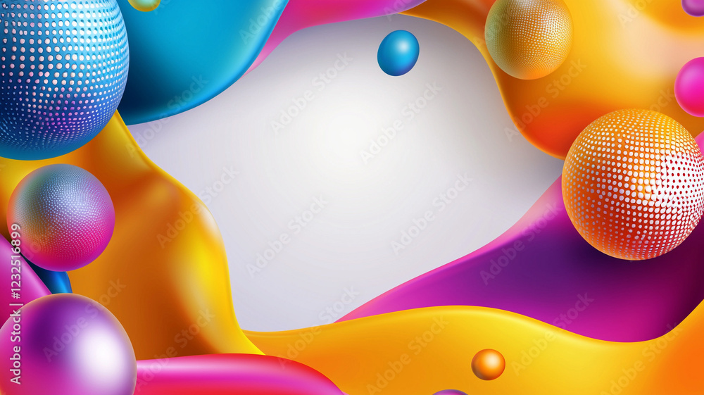 Poster abstract fluid design with colorful shapes and spheres on a vibrant background, creating a dynamic v