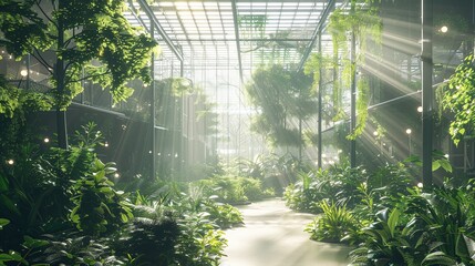 Stunning view of a lush verdant greenhouse filled with an abundance of tropical plants foliage and sunlight filtering through the glass  A tranquil