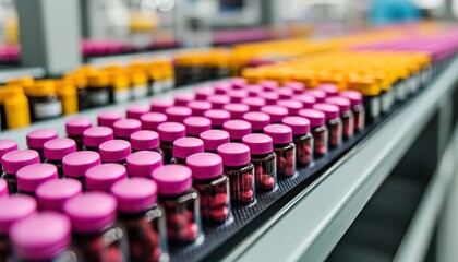 Obraz premium Colorful medicine bottles on conveyor belt in pharmaceutical factory