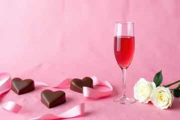 Romantic setting with wine, chocolate hearts, and roses on pink background