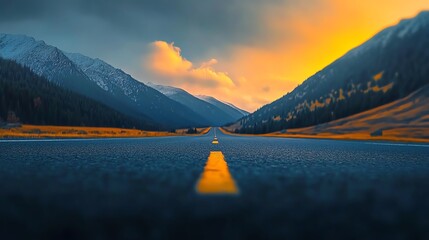 A serene road stretches through majestic mountains, illuminated by a stunning sunset, creating a picturesque landscape.