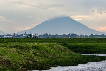 View of a plane taking off with a background