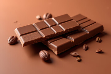Delicious chocolate bar with coffee beans on brown background