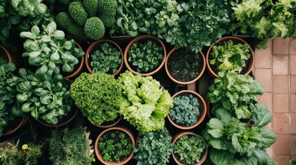 Overhead View of a Variety of Fresh Green Vegetables Growing in Terra Cotta Pots