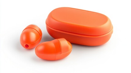 Bright Orange Earbuds and Case on White Background